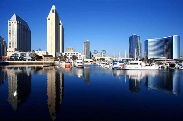 San Diego marina with hotels in background